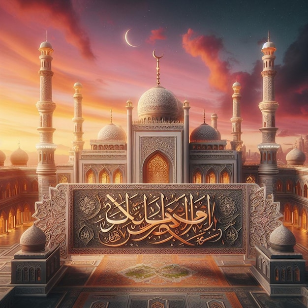 Закат спокойствия гиперреалистичный Рамадан Карим баннер с украшенной мечети каллиграфии
