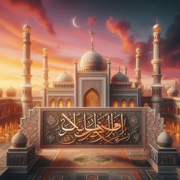 sunset serenity hyperrealistische ramadan kareem banner met sierlijke moskee kalligrafie