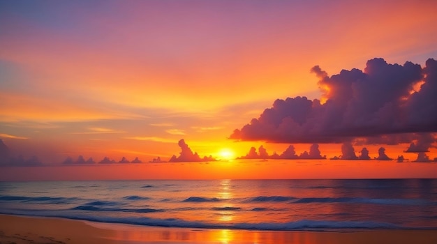 写真 夕日の静けさ、色彩豊かな魅惑的なビーチ風景