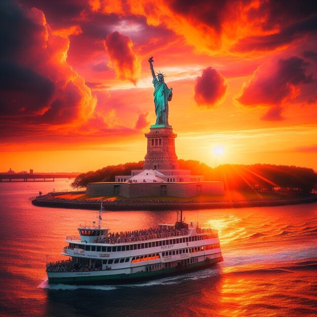 Photo sunset serenity the statue of libertys silhouette bathed in warm hues a beacon of hope