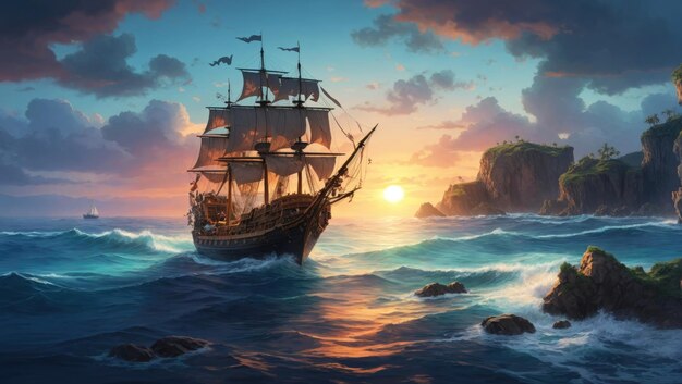 Photo sunset serenity a stylized pirate ship's odyssey