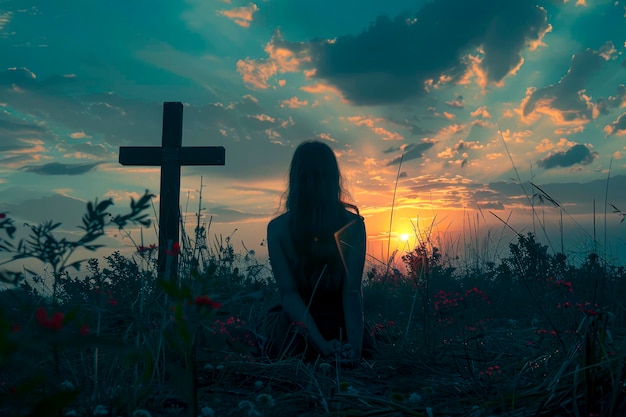 Sunset Serenity Vrouw in silhouet in gebed aan het kruis