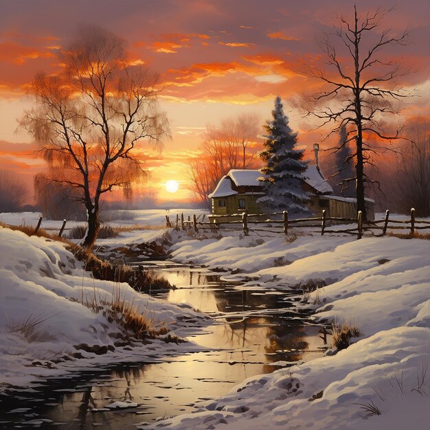 Sunset serenity winter rural landscape