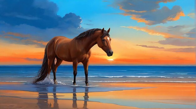 Photo sunset serenity with a brown horse