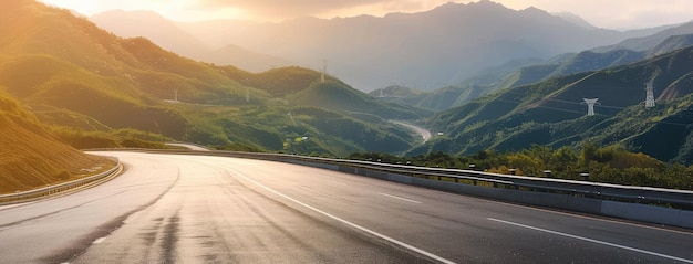 Photo sunset over serpentine mountain road journey