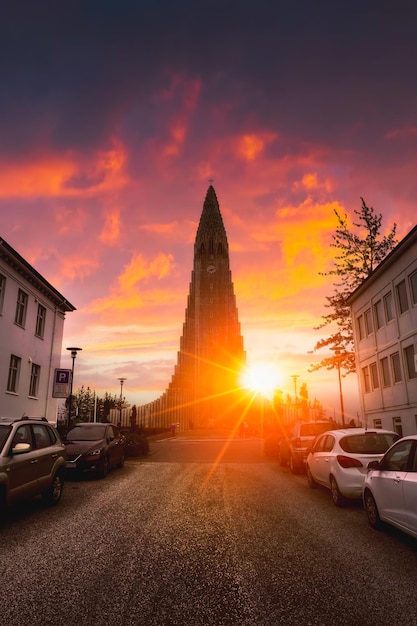 Sunset shining over Hallgrimskirkja church Lutheran parish church in reykjavik town at Iceland