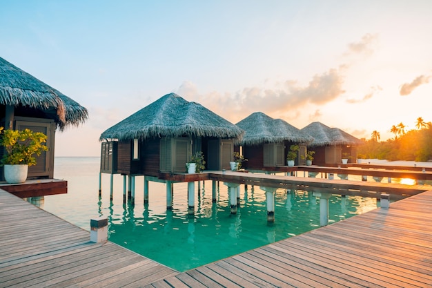 Sunset shore on Maldives island, luxury water villas resort and wooden pier. Dream travel landscape