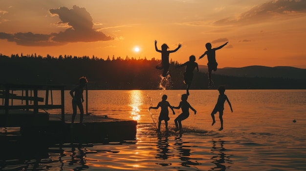 Photo sunset shots of kids jumping off docks on the lake