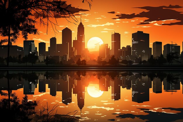 Sunset silhouette of a city skyline