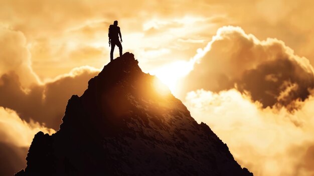 Sunset Silhouette of Climber on Peak