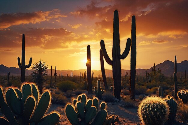 Sunset Silhouette of Desert Cacti