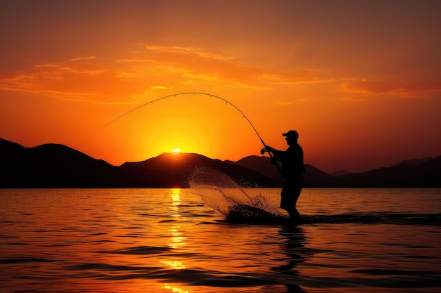 sunset silhouette fishing