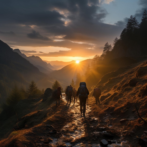 Photo sunset silhouette hiking