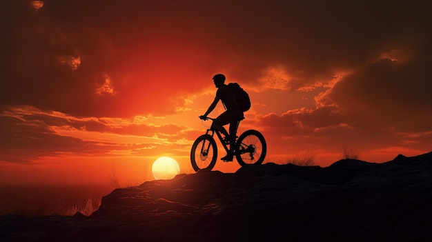 Sunset silhouette of a man cycling on a mountain bike