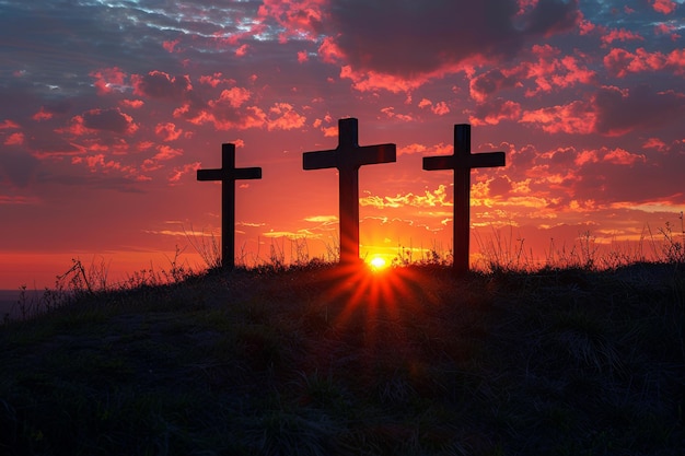 Sunset silhouette of three crosses on a hill with dramatic sky