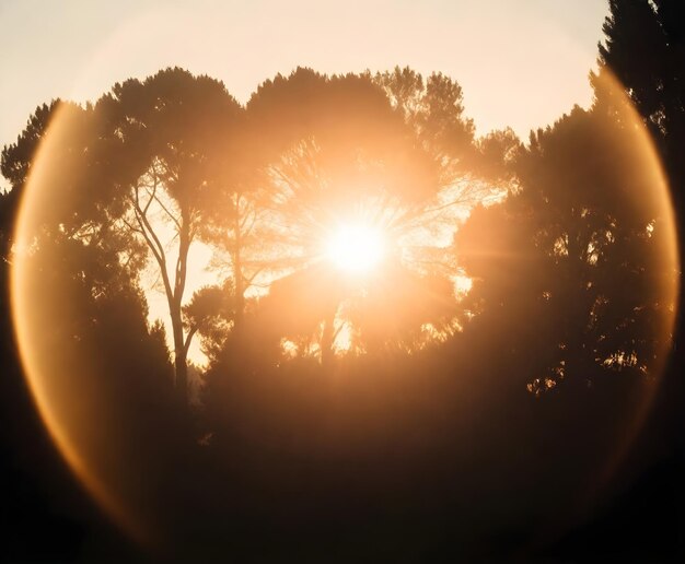 Foto il tramonto dietro la silhouette degli alberi con l'effetto flare della lente