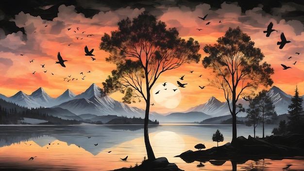 Sunset and silhouettes of trees in the mountains birds flying