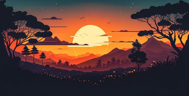Photo sunset and silhouettes of trees in the mountains generative ai