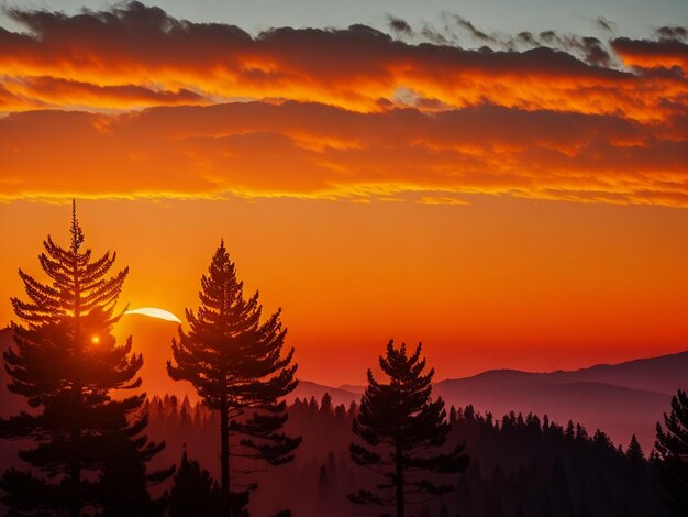 Sunset and silhouettes with trees in the mountains