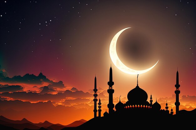 Sunset sky moon holy night mosque silhouette and Islamic night wallpaper