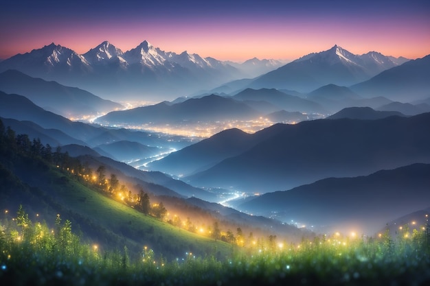 夕空 山の風景 街の夜の光の景色