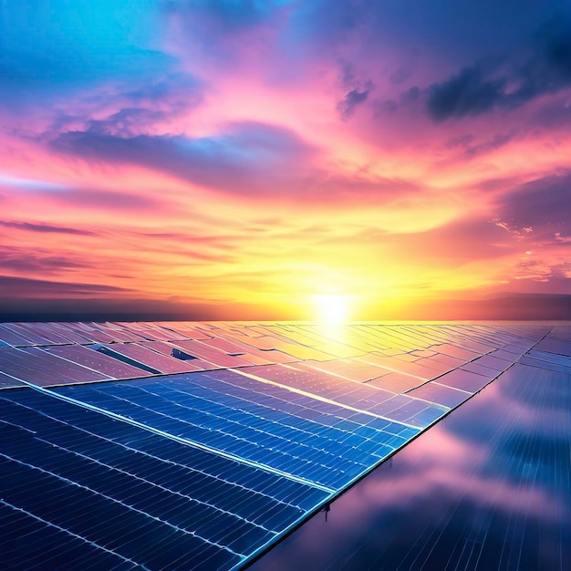 Sunset sky reflects solar panel sustainable power generation