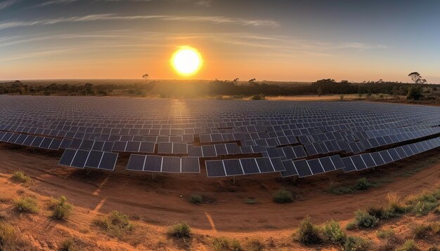 Sunset sky solar panel farm wind turbine propeller sustainable energy generated by artificial intelligence