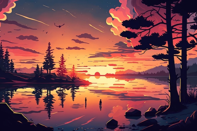 静かな湖畔の風景と夕焼け空の壁紙