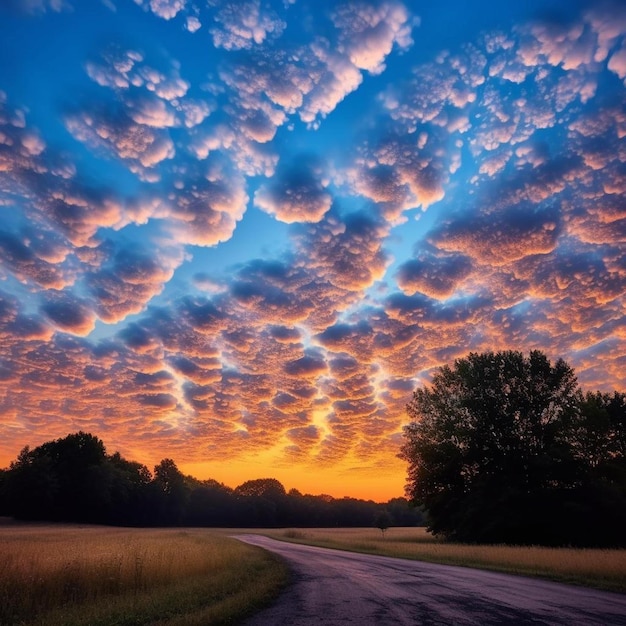 A sunset sky with clouds and trees on the horizon