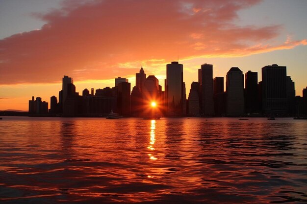 Photo sunset in the skyscrapers of manhattan