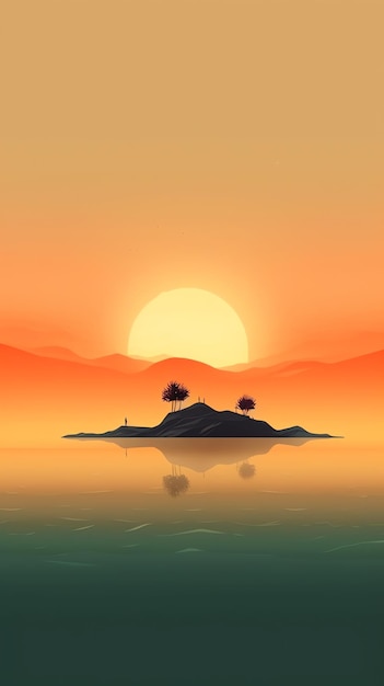 A sunset over a small island