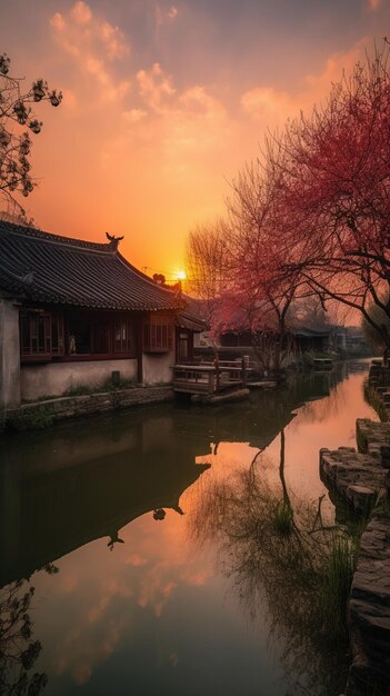 中国の小さな川に沈む夕日