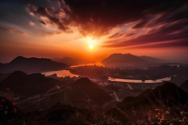 A sunset over a small town with a river in the foreground.