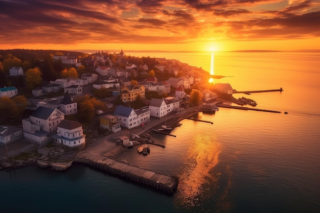 A sunset over a small town with a view of the water and the sun setting over the water.