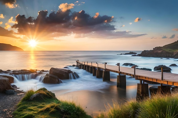 A sunset over a small wooden pier