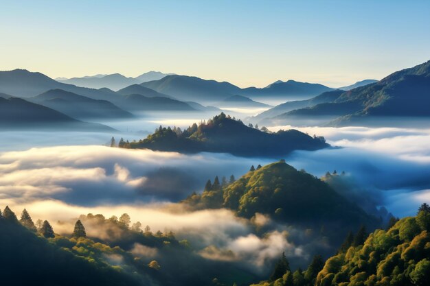 Photo sunset in smoky fog mountains