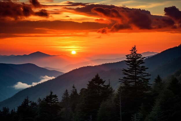 Sunset in smoky fog mountains