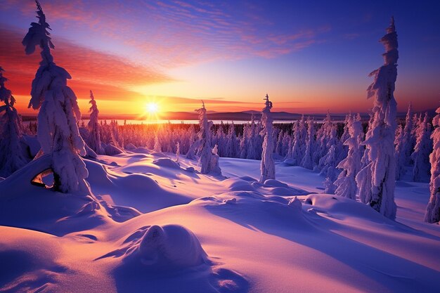 Foto il tramonto su un paesaggio coperto di neve