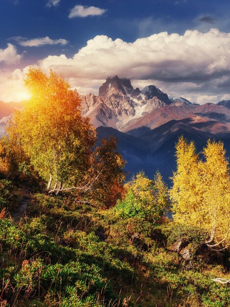 Sunset over snowcapped mountain peaks