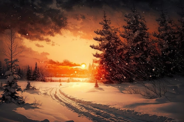 Sunset in snowfall artistic Illustration Generative AI