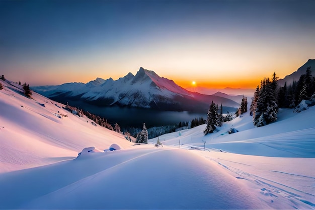 a sunset over a snowy mountain range.