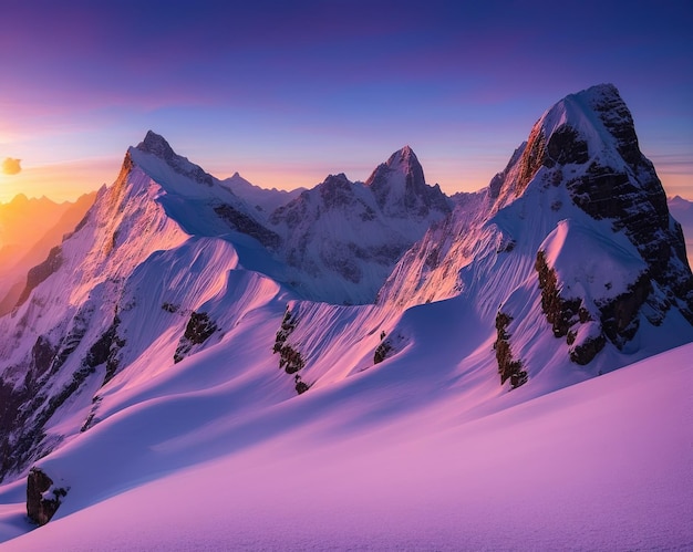 sunset in the snowy mountains