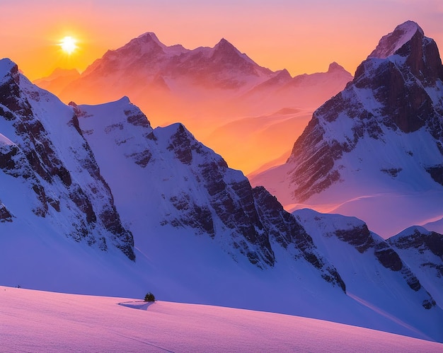 sunset in the snowy mountains