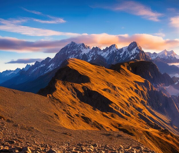 sunset in the snowy mountains