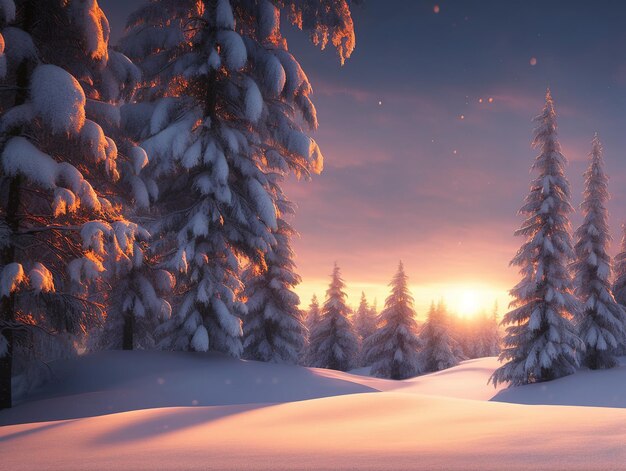 sunset in the snowy mountains