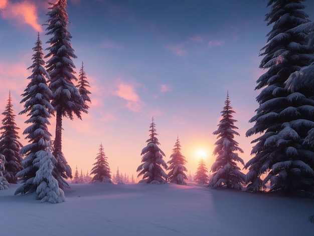 sunset in the snowy mountains