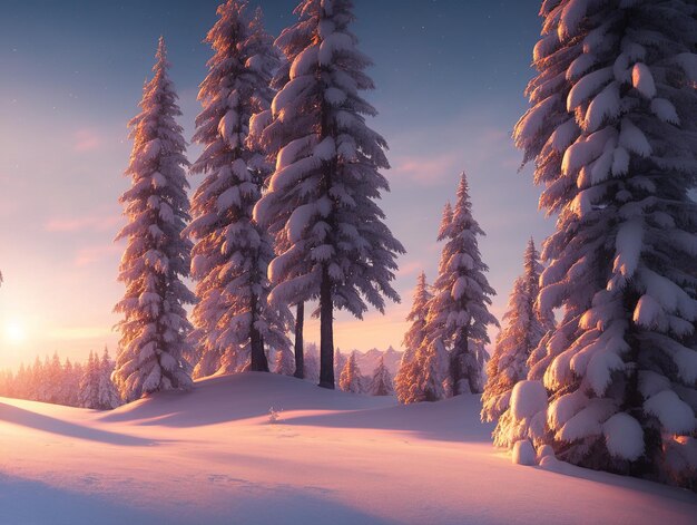 sunset in the snowy mountains