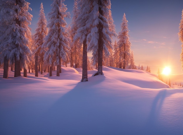 sunset in the snowy mountains