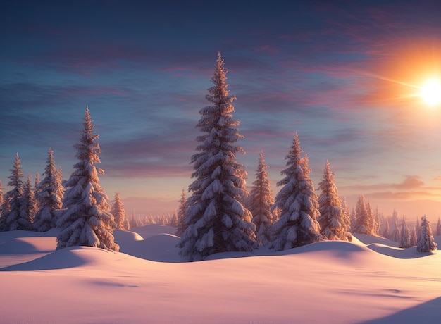 sunset in the snowy mountains