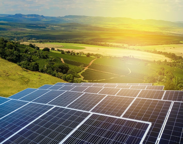 Sunset over Solar energy Farm plant